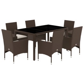 vidaXL 7-tlg. Garten-Essgruppe mit Kissen Braun Poly Rattan und Glas