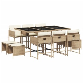 vidaXL 11-tlg. Garten-Essgruppe mit Kissen Beige Poly Rattan