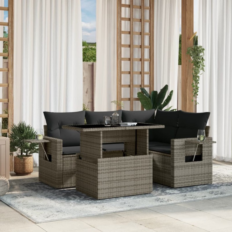 vidaXL 5-tlg. Garten-Sofagarnitur mit Kissen Grau Poly Rattan vidaXL 5-tlg. Garten-Sofagarnitur mit Kissen Grau Poly Rattan