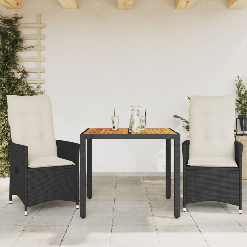 vidaXL 3-tlg. Bistro-Set mit Kissen Schwarz Poly Rattan und Akazie vidaXL 3-tlg. Bistro-Set mit Kissen Schwarz Poly Rattan und Akazie