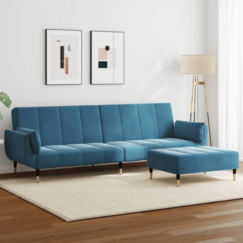 vidaXL Schlafsofa 2-Sitzer mit Fußhocker Blau Samt vidaXL Schlafsofa 2-Sitzer mit Fußhocker Blau Samt