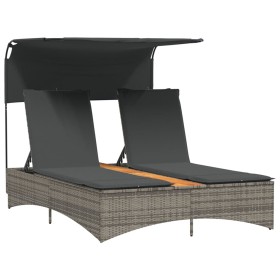 vidaXL Doppel-Sonnenliege mit Dach und Auflagen Grau Poly Rattan
