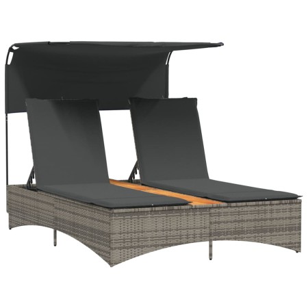 vidaXL Doppel-Sonnenliege mit Dach und Auflagen Grau Poly Rattan