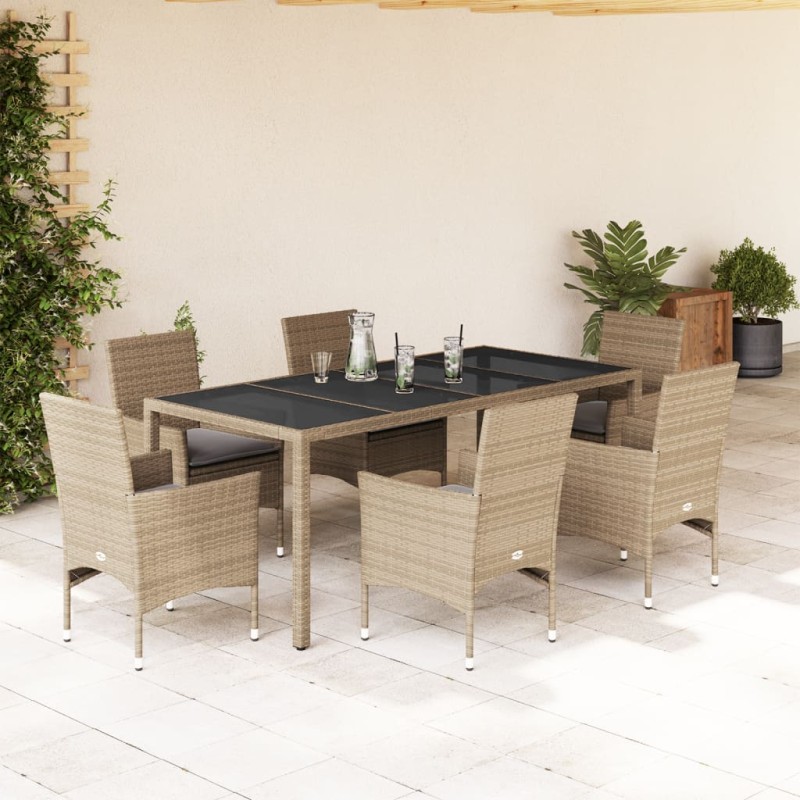 vidaXL 7-tlg. Garten-Essgruppe mit Kissen Beige Poly Rattan und Glas vidaXL 7-tlg. Garten-Essgruppe mit Kissen Beige Poly Rattan und Glas