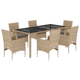 vidaXL 7-tlg. Garten-Essgruppe mit Kissen Beige Poly Rattan und Glas