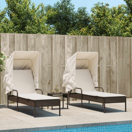 vidaXL Sonnenliegen 2 Stk. mit Dach und Tisch Braun Poly Rattan