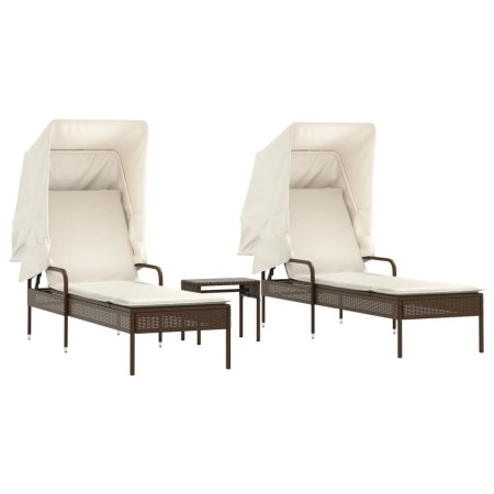 vidaXL Sonnenliegen 2 Stk. mit Dach und Tisch Braun Poly Rattan
