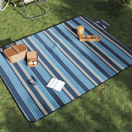 vidaXL Picknickdecke Faltbar Blau und Weiß Gestreift 200x150 cm Samt