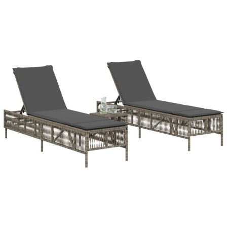 vidaXL Sonnenliegen 2 Stk. mit Tisch Grau Poly Rattan