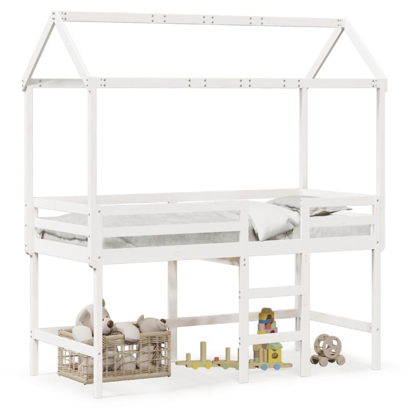 vidaXL Hochbett mit Leiter und Dach Weiß 90x190 cm Massivholz Kiefer vidaXL Hochbett mit Leiter und Dach Weiß 90x190 cm Massivholz Kiefer
