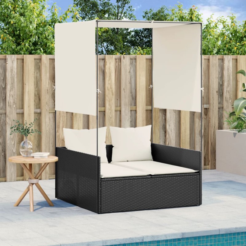 vidaXL Doppel-Sonnenliege mit Dach und Vorhängen Schwarz Poly-Rattan vidaXL Doppel-Sonnenliege mit Dach und Vorhängen Schwarz Poly-Rattan