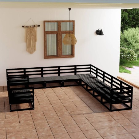11-tlg. Garten-Lounge-Set Schwarz Massivholz Kiefer
