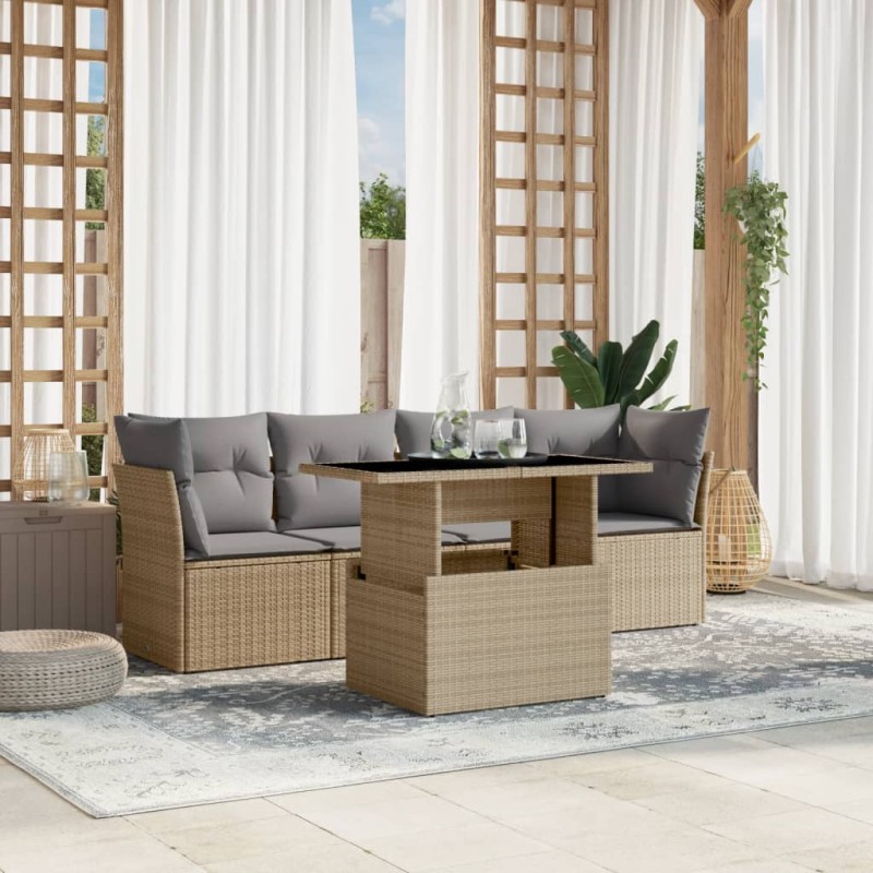 vidaXL 5-tlg. Garten-Sofagarnitur mit Kissen Beige Poly Rattan vidaXL 5-tlg. Garten-Sofagarnitur mit Kissen Beige Poly Rattan