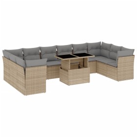 vidaXL 11-tlg. Garten-Sofagarnitur mit Kissen Beige Poly Rattan