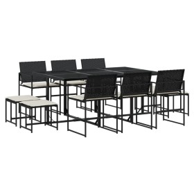 vidaXL 11-tlg. Garten-Essgruppe mit Kissen Schwarz Poly Rattan
