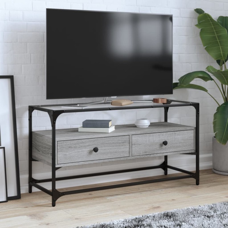 vidaXL TV-Schrank mit Glasplatte Grau Sonoma 98x35x51 cm Holzwerkstoff vidaXL TV-Schrank mit Glasplatte Grau Sonoma 98x35x51 cm Holzwerkstoff