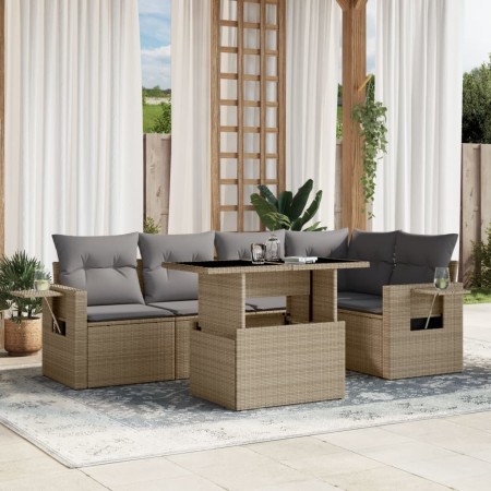 vidaXL 6-tlg. Garten-Sofagarnitur mit Kissen Beige Poly Rattan