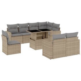 vidaXL 9-tlg. Garten-Sofagarnitur mit Kissen Beige Poly Rattan