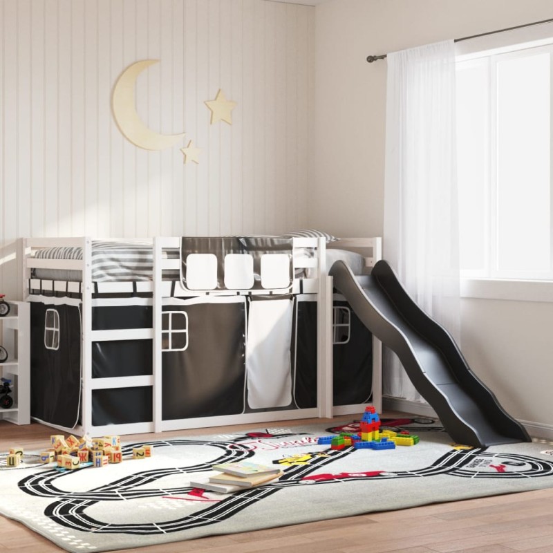 vidaXL Etagenbett mit Rutsche und Gardinen Weiß und Schwarz 90x190 cm vidaXL Etagenbett mit Rutsche und Gardinen Weiß und Schwarz 90x190 cm