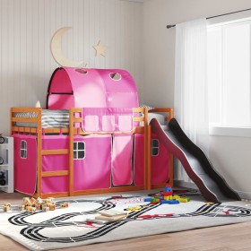 vidaXL Etagenbett mit Rutsche und Gardinen Rosa 90x200 cm