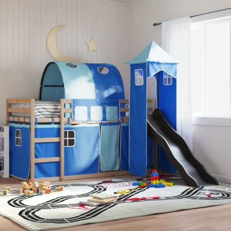 vidaXL Etagenbett mit Rutsche und Gardinen Blau 90x190 cm