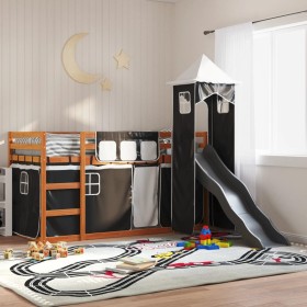 vidaXL Etagenbett mit Rutsche und Gardinen Weiß und Schwarz 90x190 cm