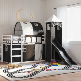 vidaXL Etagenbett mit Rutsche und Gardinen Weiß und Schwarz 90x190 cm