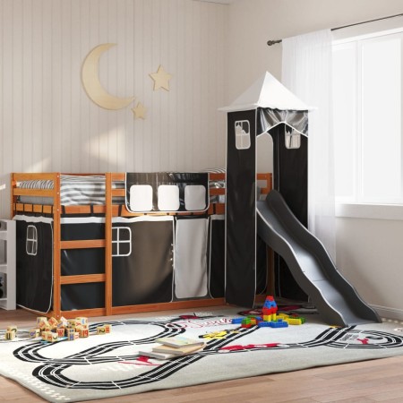 vidaXL Etagenbett mit Rutsche und Gardinen Weiß und Schwarz 90x200 cm