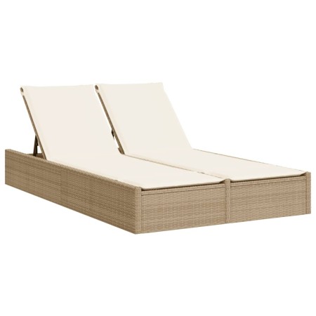 vidaXL Doppel-Sonnenliege mit Auflagen Beige Poly Rattan