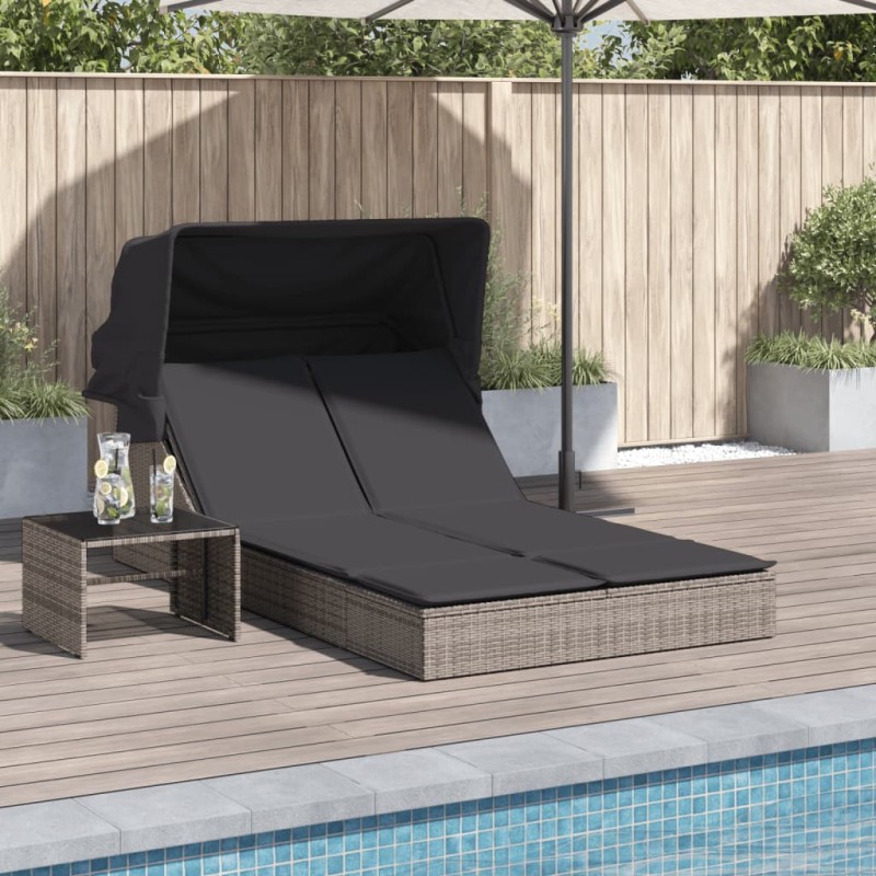 vidaXL Doppel-Sonnenliege mit Dach und Auflagen Grau Poly Rattan vidaXL Doppel-Sonnenliege mit Dach und Auflagen Grau Poly Rattan
