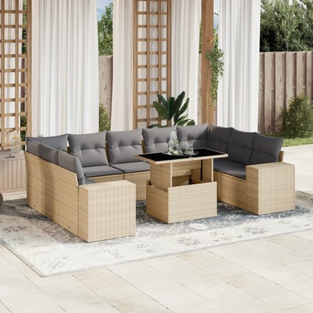 vidaXL 10-tlg. Garten-Sofagarnitur mit Kissen Beige Poly Rattan
