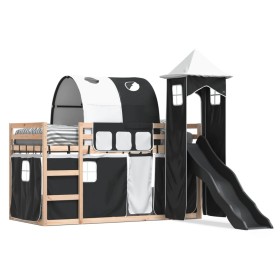 vidaXL Etagenbett mit Rutsche und Gardinen Weiß und Schwarz 90x200 cm