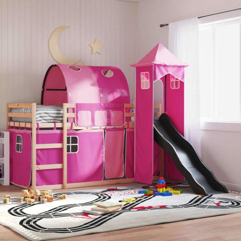 vidaXL Etagenbett mit Rutsche und Gardinen Rosa 90x200 cm vidaXL Etagenbett mit Rutsche und Gardinen Rosa 90x200 cm