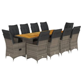 vidaXL 11-tlg. Garten-Bistro-Set mit Kissen Grau Poly Rattan
