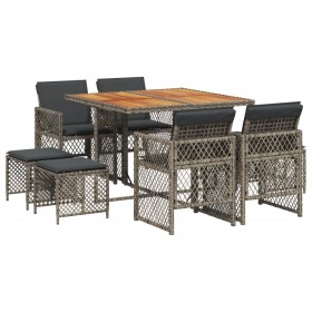 vidaXL 9-tlg. Garten-Essgruppe mit Kissen Grau Poly Rattan