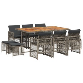 vidaXL 11-tlg. Garten-Essgruppe mit Kissen Grau Poly Rattan