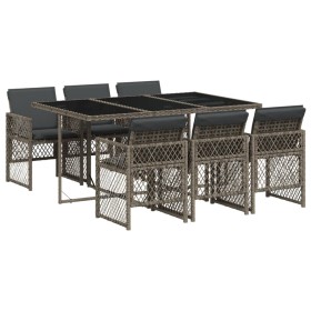 vidaXL 7-tlg. Garten-Essgruppe mit Kissen Grau Poly Rattan