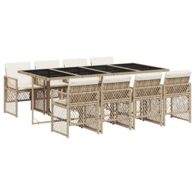 vidaXL 9-tlg. Garten-Essgruppe mit Kissen Beige Poly Rattan