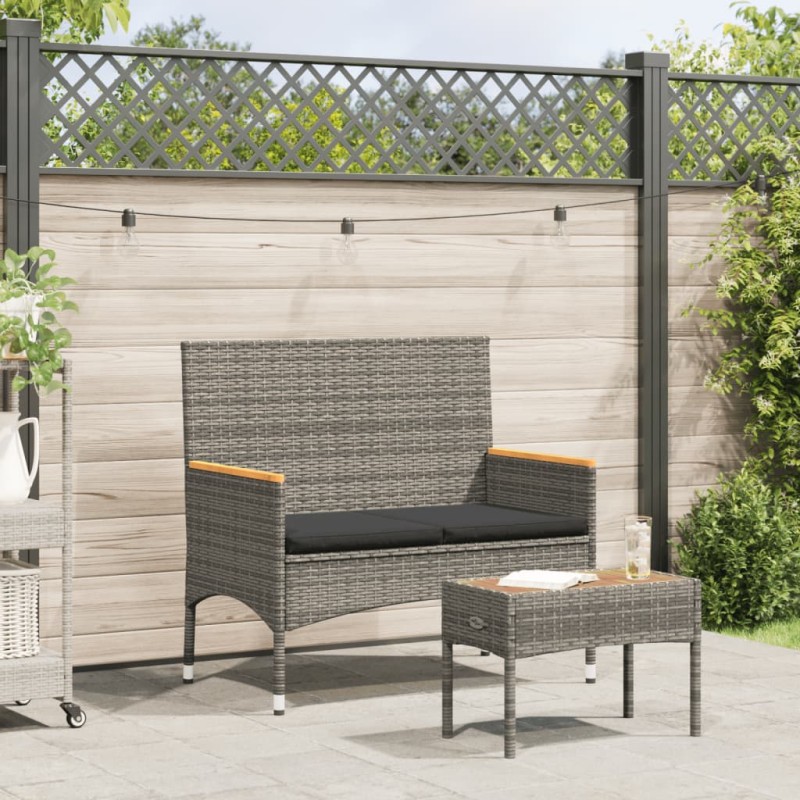 vidaXL Gartenbank 2-Sitzer mit Kissen und Tisch Grau Poly Rattan vidaXL Gartenbank 2-Sitzer mit Kissen und Tisch Grau Poly Rattan