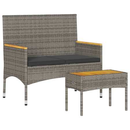 vidaXL Gartenbank 2-Sitzer mit Kissen und Tisch Grau Poly Rattan