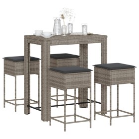 vidaXL 5-tlg. Gartenbar-Set mit Kissen Grau Poly Rattan