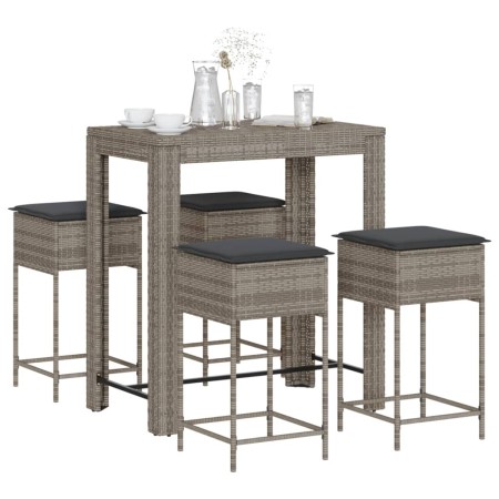 vidaXL 5-tlg. Gartenbar-Set mit Kissen Grau Poly Rattan