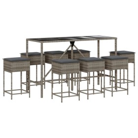 vidaXL 9-tlg. Gartenbar-Set mit Kissen Grau Poly Rattan