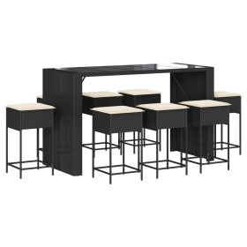 vidaXL 9-tlg. Gartenbar-Set mit Kissen Schwarz Poly Rattan
