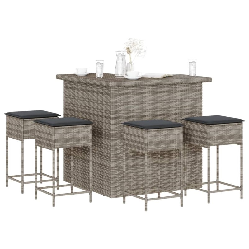 vidaXL 5-tlg. Gartenbar-Set mit Kissen Grau Poly Rattan vidaXL 5-tlg. Gartenbar-Set mit Kissen Grau Poly Rattan