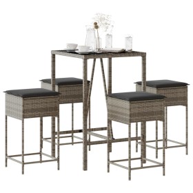 vidaXL 5-tlg. Gartenbar-Set mit Kissen Grau Poly Rattan