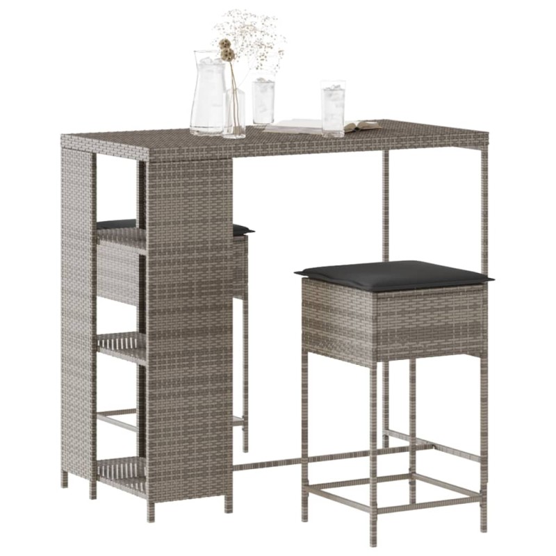 vidaXL 3-tlg. Gartenbar-Set mit Kissen Grau Poly Rattan vidaXL 3-tlg. Gartenbar-Set mit Kissen Grau Poly Rattan