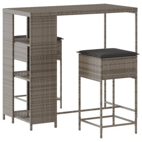 vidaXL 3-tlg. Gartenbar-Set mit Kissen Grau Poly Rattan