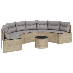 vidaXL Gartensofa mit Tisch und Kissen Halbrund Beige Poly-Rattan