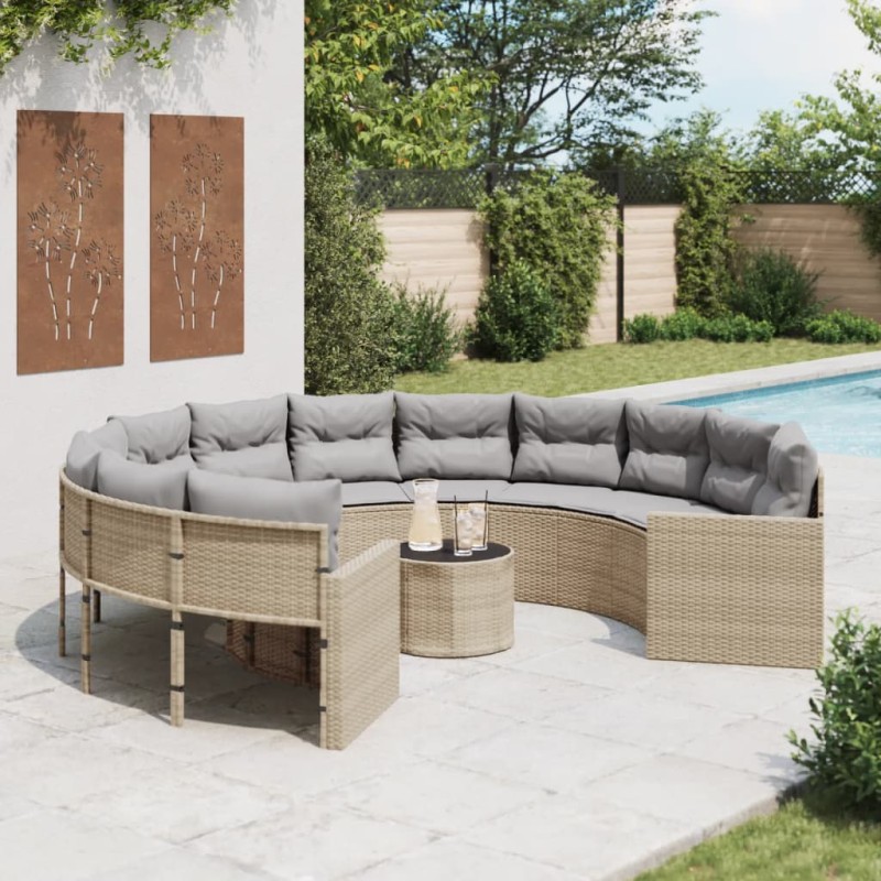 vidaXL Gartensofa mit Tisch und Kissen Rund Beige Poly-Rattan vidaXL Gartensofa mit Tisch und Kissen Rund Beige Poly-Rattan
